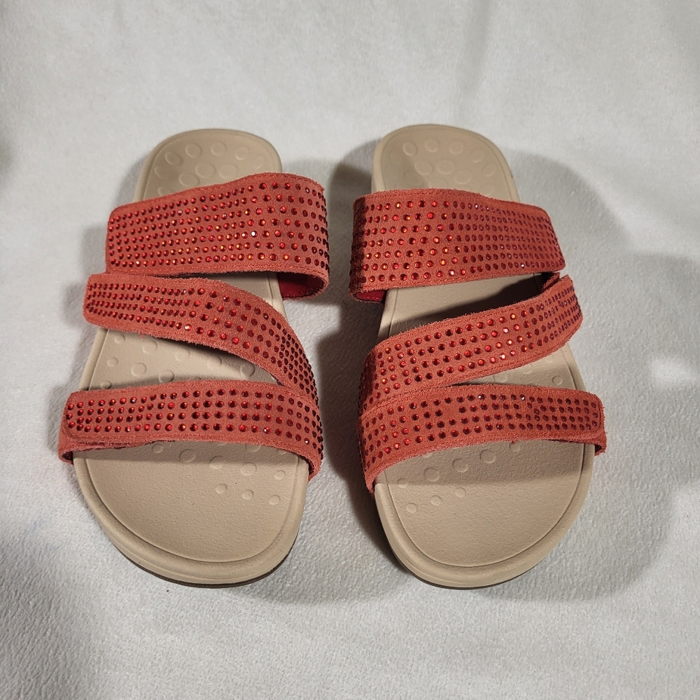 VIONIC Red Rhinestone Suede Comfort Slide Sandals Womens Size 6 Three Strap Adj - Picture 2 of 7